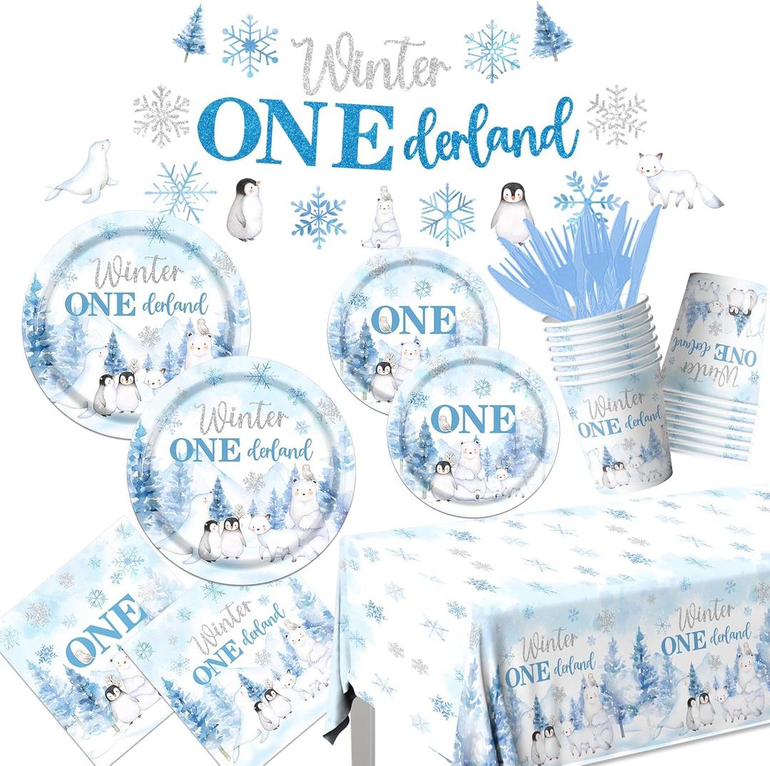142Pcs Winter Onederland 1st Birthday Decorations Snowflake Plates and Napkins Sets with Tablecloth and Banner Penguin 1st Birthday Decorations with Polar Animals Winter First Birthday Decorations