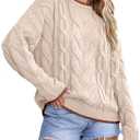 EVALESS Sweaters for Women Trendy Crewneck Long Sleeve Color Block Sweater Tops Casual Fall 2025 Chunky Cable Knit Pullover Sweaters Comfy Warm Loose Fit Clothes Beige Large
