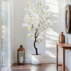 BINCUE Artificial White Cherry Blossom Tree Fake Tree Cherry Blossom Decor Fake Flowers Faux Flowering Tree White Flowers Floral for Indoor Outdoor Room Home Decor Spring Gift 6FT