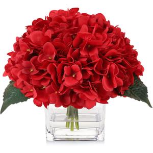 Faux Hydrangea Flowers in Vase, Silk Flowers in Vase with Fake Water for Home Decor Indoor (Red)