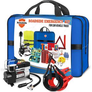 Emergency Car Kit,Roadside Emergency Tool Kit for Vehicle Truck with Air Compressor Jumper Cable First Aid Kit,Winter Auto Road Side Kit Women Men Car Travel Safety Assistance Survival Essentials Kit