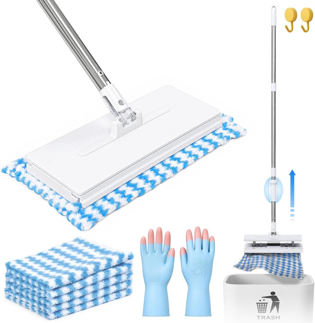 Hands Free Flat Mop with 5 Reusable Microfiber Pads, 49.2" Extra Long Handle & Wide Head, Press-to-Lock Grip Mop for Floor Bathroom Ceiling – Includes 2 Hooks & Gloves, Fits Old Towels