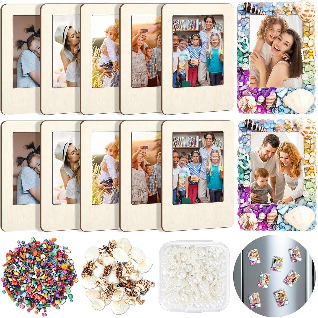 Yalikop 12 Pack DIY Mosaic Photo Frame Craft Kits Unfinished Wooden Magnetic Picture Frame with Mosaic Tiles and Shells Mini Ocean Fridge Frames to Decorate for Summer Activities Birthday Craft Gifts, 3.74 x 2.56 inches