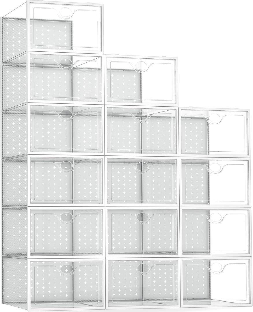 Pinkpum 15 Pack X-Large Shoe Storage Boxes Fit Size 12, Shoe Organizer for Closet Clear Plastic Stackable Shoe Dispaly Case Holder Bins, Sneaker Storage for Sneakerheads White
