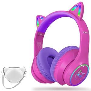 LOBKIN Bluetooth 5.4 Kids Headphones with Case - RGB LED Light Up Cat Ears Foldable Adjustable Over Ear Headphone Support Wireless or 3.5mm Wired Mode for Toddler & Girls & Boys Teens