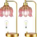 ILLMTW Pink Table Lamp Set of 2,Small Gold Bedside Lamps Dimmable Boho Bedroom Lamp with Tulip Flower Glass Lamp Shade,Vintage Mid Century Modern Mini Nightstand Lamp for Bedroom Living Room