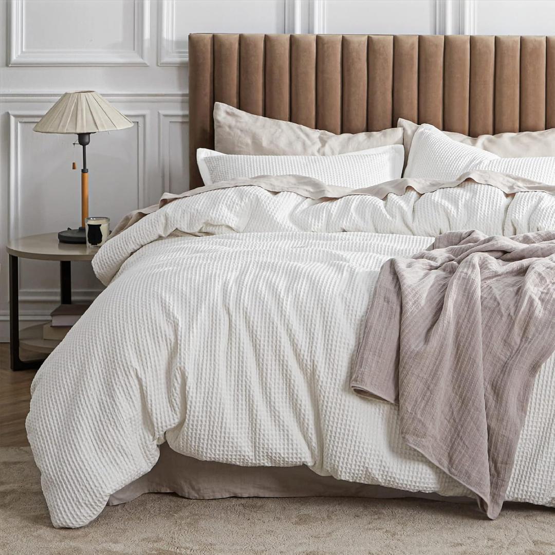 Bedsure Cotton Duvet Cover King - 100% Cotton Waffle Weave Coconut White Duvet Cover King Size, PureWoven Breathable Bedding Set for All Season, 3 Pieces, 104"x90"