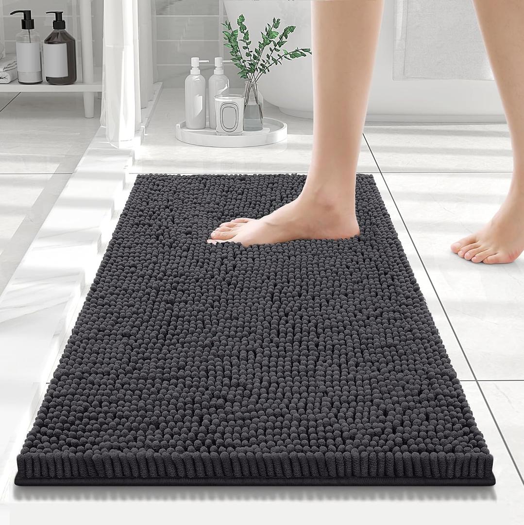 Smiry Luxury Chenille Bathroom Rugs 24x16, Extra Soft and Absorbent Shaggy Bath Mat, Machine Washable, Non-Slip Plush Carpet Runner for Tub, Shower, and Floor, Home Decor Accessories, Charcoal Grey