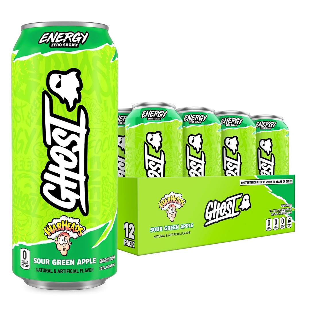 GHOST Energy Drink, Zero Sugars, 12-Pack, Warheads Sour Green Apple, 16oz (EXP 11/01/25)