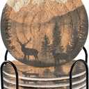 6 Pcs Deer Mountain Drink Coasters with Holder,Round Woven Coaster Set Absorbent Coasters for Tabletop Protection Table Home Decor, 4 Inch