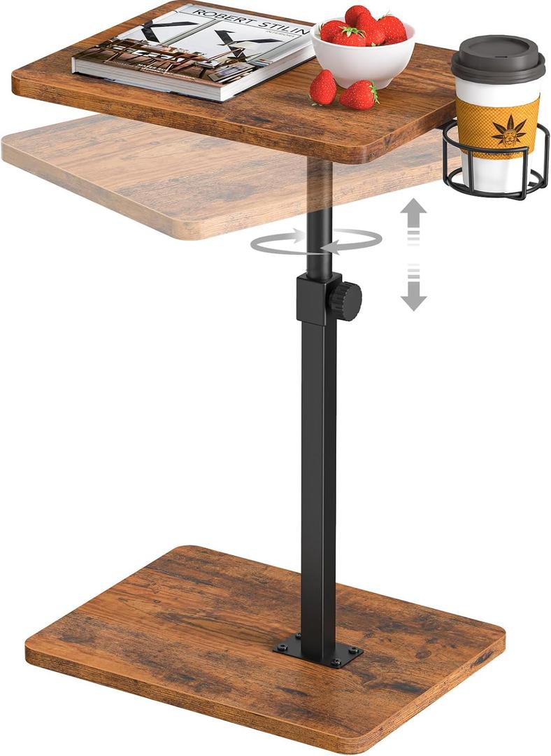 Giikin TV Tray Table, 360 Swivel Height Adjustable TV Trays for Eating on Couch,Sofa Armrest Side Table for Small Spaces Sofa Bed Dinner, Rustic Brown (11.8" D x 15.8" W x 31" H)