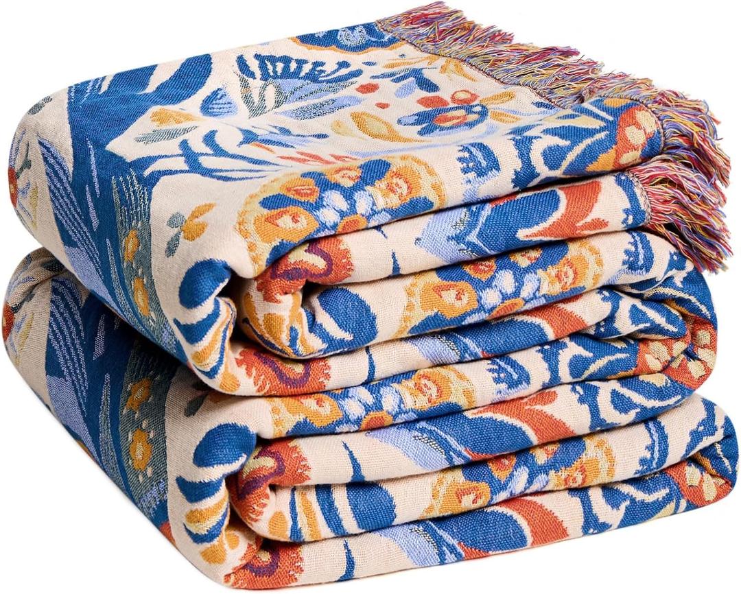 Boho Throw Blanket - 100% Cotton Ultra Soft Muslin Spring Blanket, 50"x60" Lightweight Floral Bird Framhouse Bedding Blanket for Bed, All Season Blue Bohemian Bedroom Home Decor Quilt