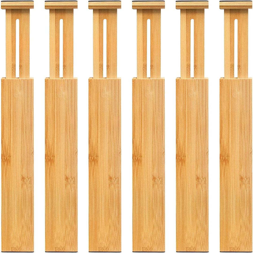 VaeFae 6 Pack Bamboo Drawer Dividers, Adjustable Drawer Organizer, Expandable Organization for Kitchen, Office, Bedroom, Dressers and Bathroom (Small)