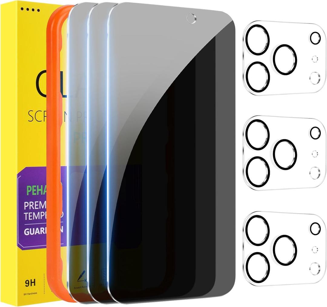 PEHAEL 3+3 Pack for iPhone 17 Pro Max Privacy Screen Protector with Camera Lens Protector Full Coverage Anti-Spy Tempered Glass Film 9H Hardness Easy Installation Bubble Free [6.9 inch]