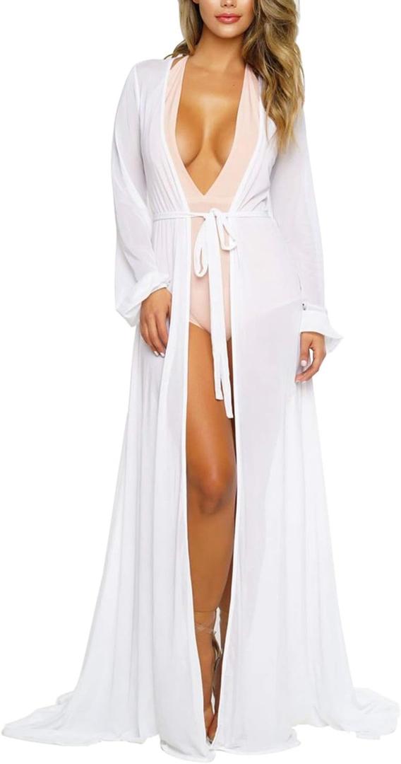 Women's Sexy Thin Mesh Long Sleeve Tie Front Swimsuit Swim Beach Maxi Cover Up Dress (Large, White)