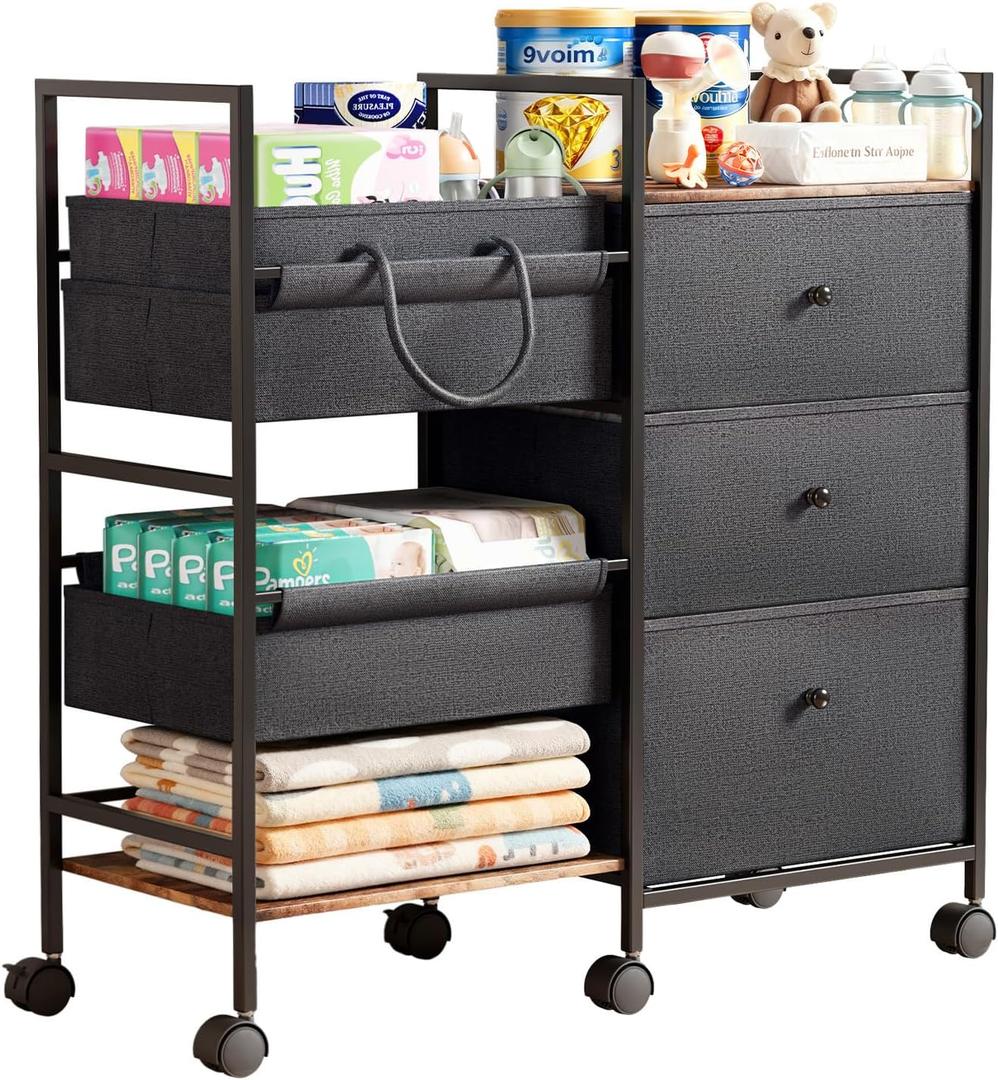 2-in-1 Baby Diaper Caddy Organizer and Storage-3 Tier Rolling Baby Cart with Dividers and Drawers, Baby Essentials for Nursery Storage, Mobile Utility Cart with Wheels Large Capacity Easy To Assemble