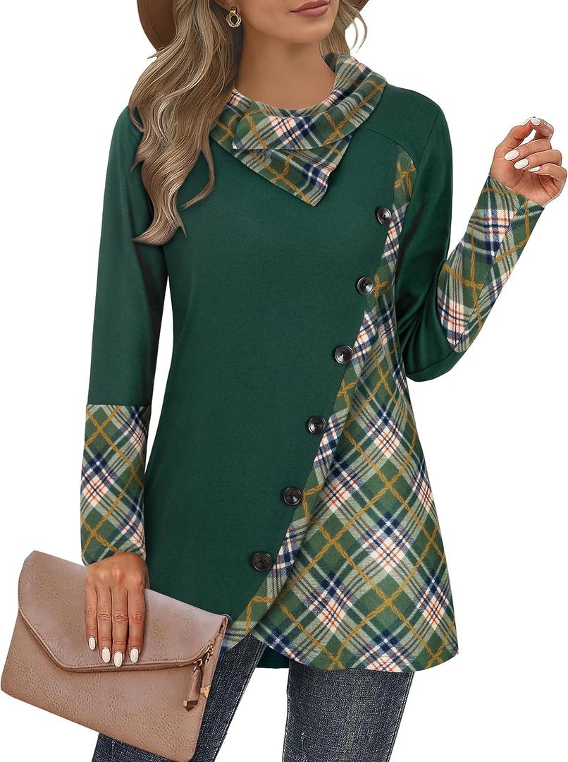 Cestyle Womens Fall Long Sleeve Cowl Neck Asymmetrical Hemline Flowy Tunic Top (Green, XL)
