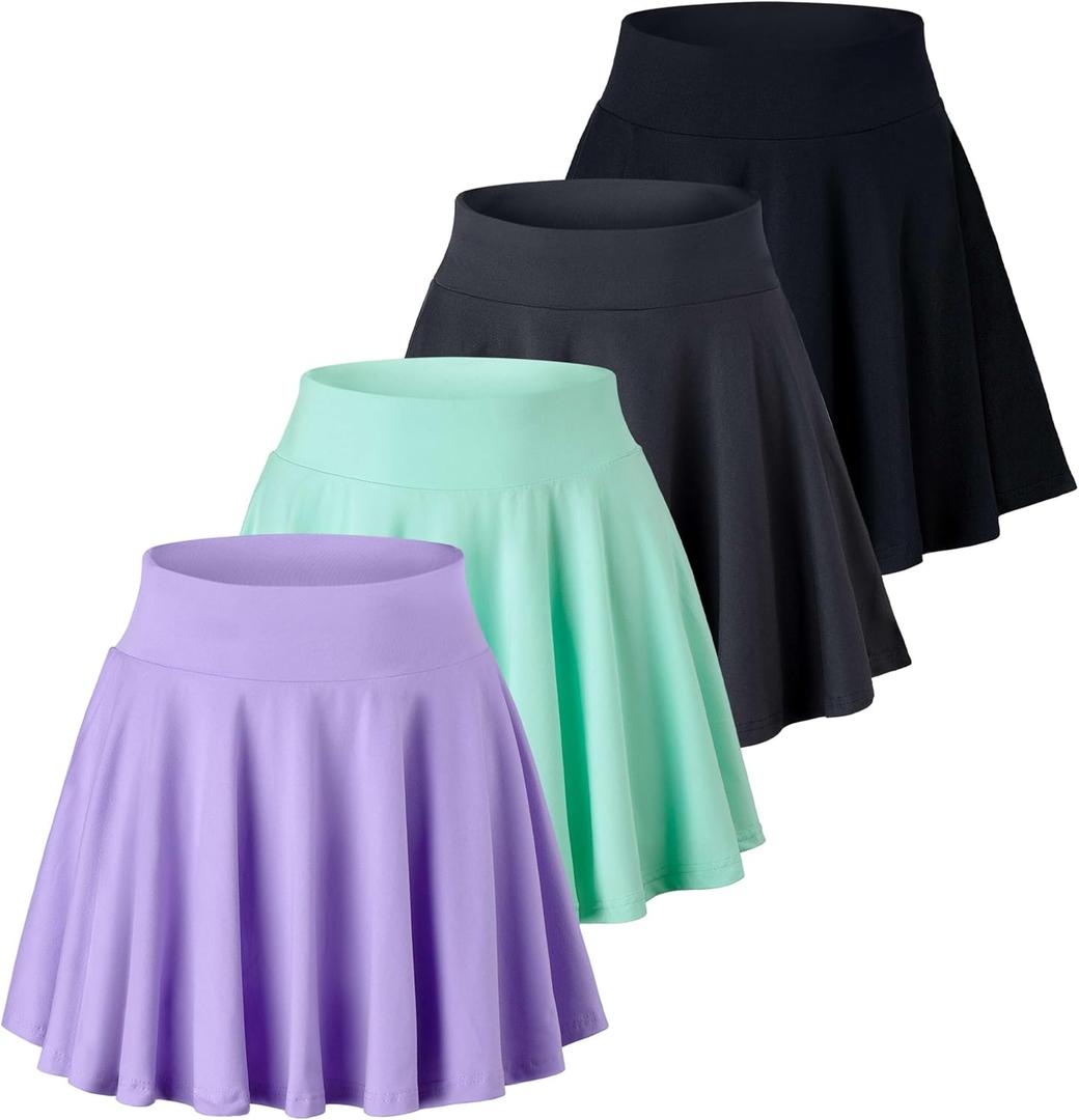 Real Essentials 4 Pack: Women's Basic Casual Stretchy Mini Skirt - Skater A-Line Flowy Flared (L)