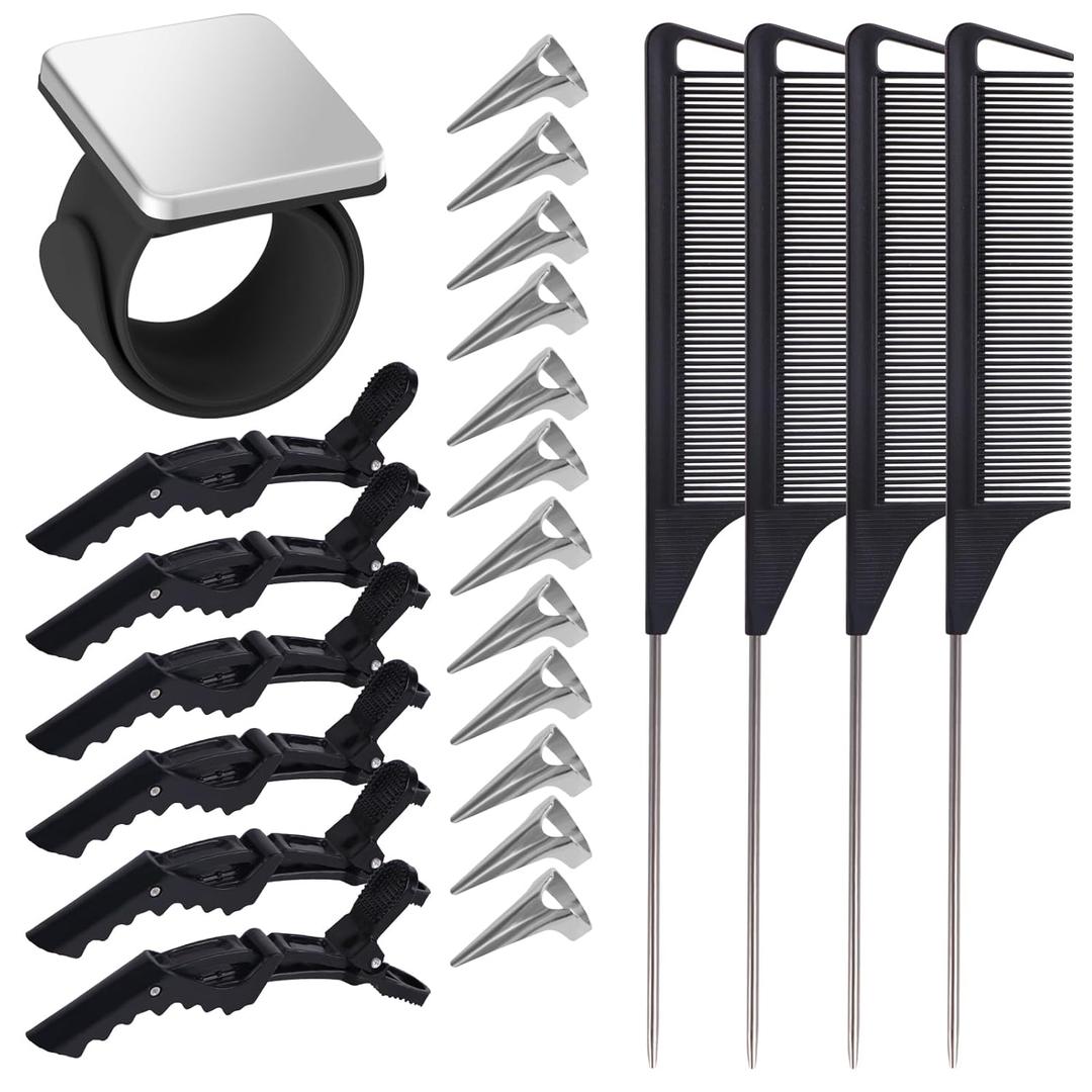 23 Pieces Hair Braiding Tools Set, Magnetic Wrist Pin Holder, Sectioning Clips, Rat Tail Combs, Hair Parting Rings for Braiding (Black)