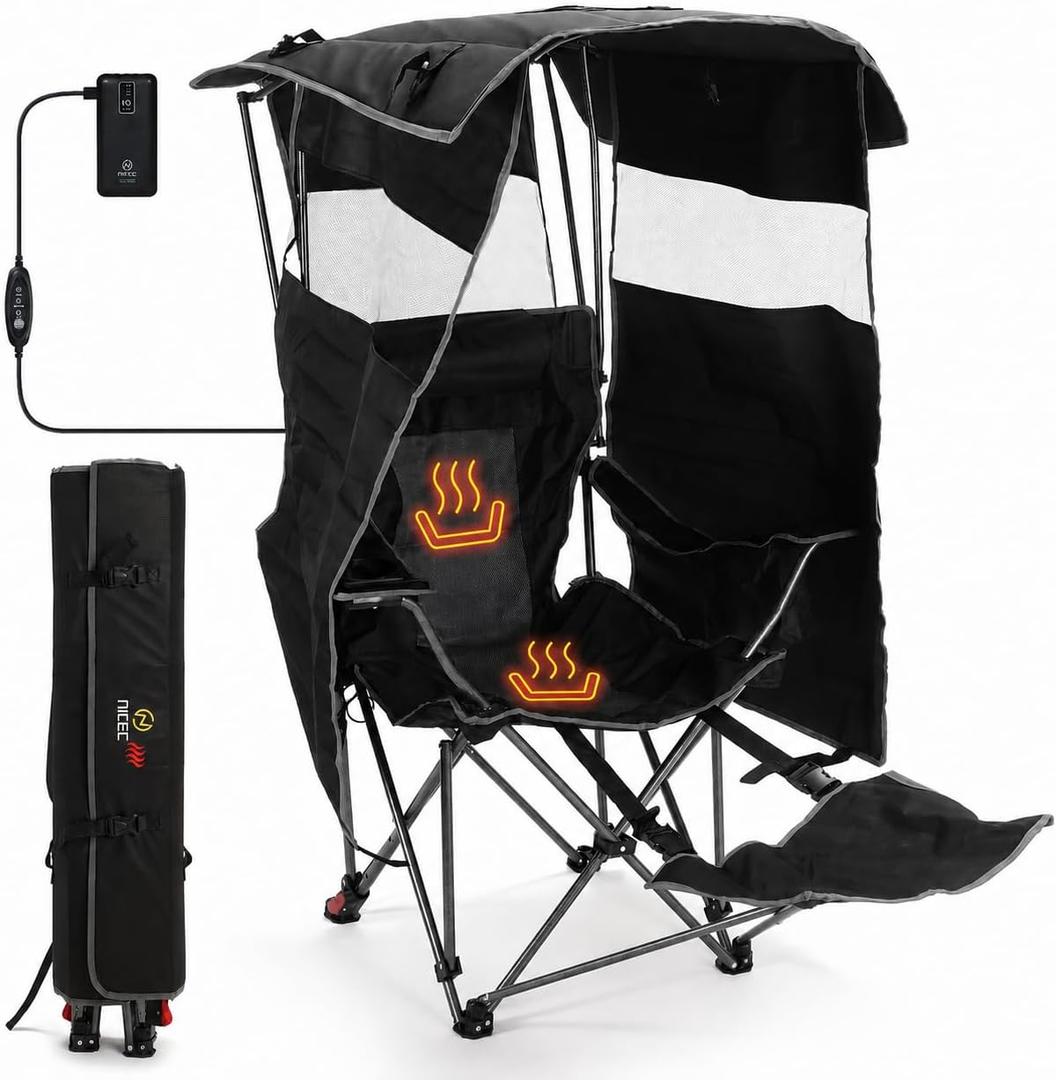 Nice C Heated 4-Position Reclining Canopy Umbrella Camping Chair (1 Pack)
Folding Chair, With Adjustable Shade, Backrest, Footrest, Cooler Bag, Cup Holder, for Camping, Beach, Sports