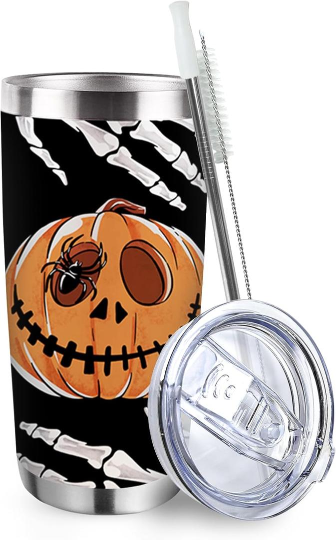 Halloween Jack O Lantern Pumpkin Tumbler with Lid and Straw, Spooky Skull Skeleton Spider Stainless Steel Travel Coffee Cup, 20oz Gothic Holiday Double Wall Vacuum Insulated Mug Halloween Gifts