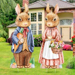 Crtiin 2 Pieces Easter Yard Signs with Stakes 39 Inch Large Bunny Lawn Decorations Outdoor Waterproof Easter Lawn Stakes for Garden Yard Party Decorations