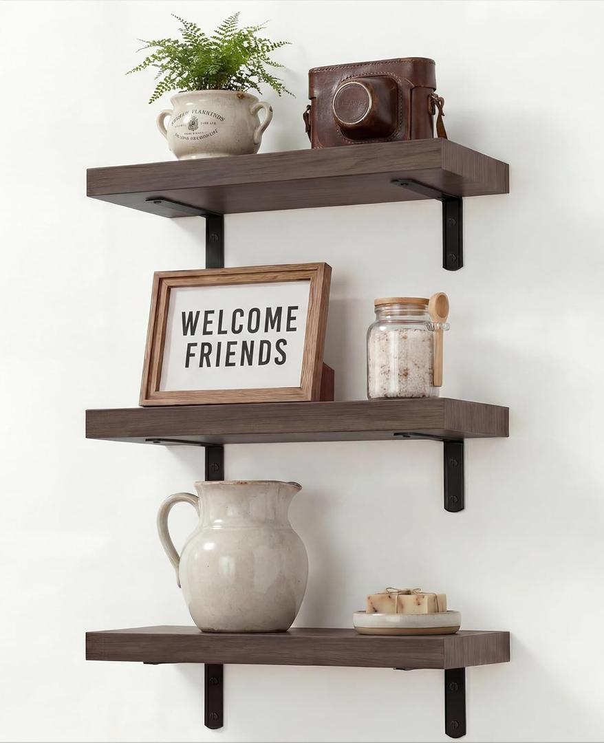 LifetimeWarranty Easy Install Wall Shelves with Brackets,15.7 Inch Wall Mounted Wood Floating Wall Shelf, Small Wall Shelf for Storage&Home Decor, Living Room,Kitchen,Office,Book Corner Shelf,Set of 3
