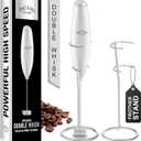 Powerful Milk Frother with Stand with Double Whisk, Handheld Electric Foam Maker, Hand Mixer Wand, Portable Mini Blender Foamer Stirrer for Coffee Creamer, Latte, Matcha,Hot Chocolate, Silver