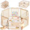 Foldable Wooden Baby Playpen, 45 x 45 x 24 inches, Pastel Dream, Natural