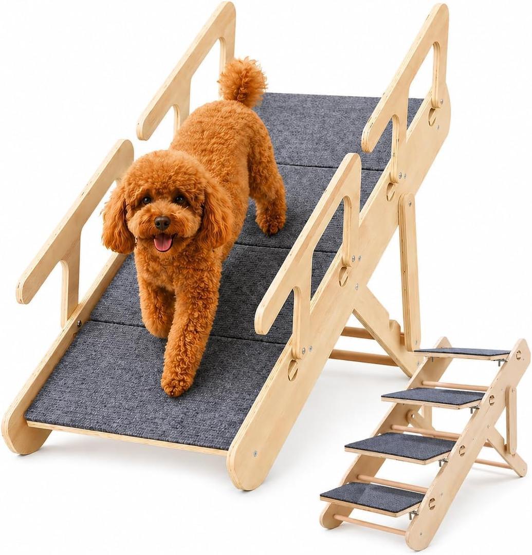 2-in-1 Dog Ramp for Bed and Couch, Wooden Pet Stairs for Small and Medium Dogs and Cats, 25.2" Foldable Pet Steps with 2 Adjustable Heights, Anti-Slip Felt Surface, Side Rails