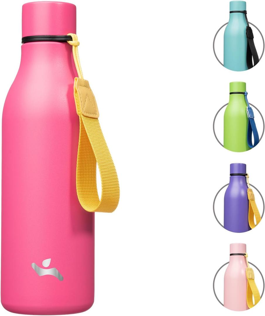 Insulated Water Bottle with Strap,18 oz Double Wall Stainless Steel Vacuum Bottles Metal Water Flask, Pink