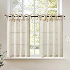 jinchan Tie Top Linen Kitchen Curtains Over Sink 36 Inch Length Tier Curtains Farmhouse Rustic Small Cafe Curtain for Bedroom Living Room Bathroom Half Window Light Filtering Privacy 2 Panels Crude
