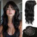 Hair Topper, 360 3D Hair Toppers for Women with Thinning Crown, 20 Inch Long Wavy Curly Hair Pieces Clip in Bangs (Black, 20 inch, French Bangs)