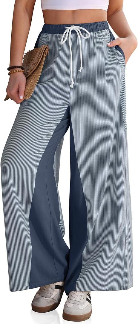 TARSE Womens Linen Wide Leg Pants Striped Drawstring Elastic Waist Loose Fit Summer Boho Casual Trendy Pants with Pockets (Blue, L)