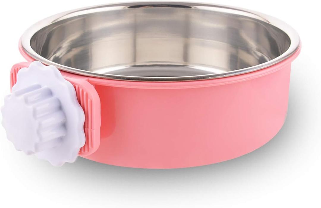Crate Dog Bowl Removable Stainless Steel Water Food Feeder Bowls Cage Coop Cup for Cat Puppy Bird Pets (Large, Pink)