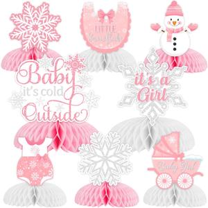 Fangleland 8 Pack Baby Its Cold Outside Honeycomb Centerpieces Baby Shower Decorations for Girl, Winter Pink White Little Snowflake Its A Girl Table Toppers Decors Gender Reveal Party Supplies