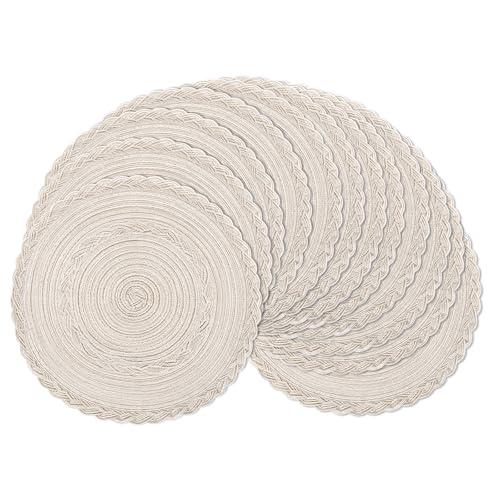 SHACOS 15 inch Round Braided Placemats Set of 12 for Dining Table Woven Boho Place Mats Kitchen Placemat Washable Table Mats, Ivory Bordered