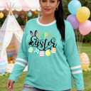 Plus Size Easter Shirts for Women Cute Bunny Rabbit Graphic Shirt Happy Easter Long Sleeve Tees Tops (Blue, XXXL)