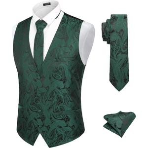 COOFANDY Men's Suit Vest Tie Set 3PC Paisley Jacquard Waistcoat and Necktie Pocket Square for Holiday Party Wedding