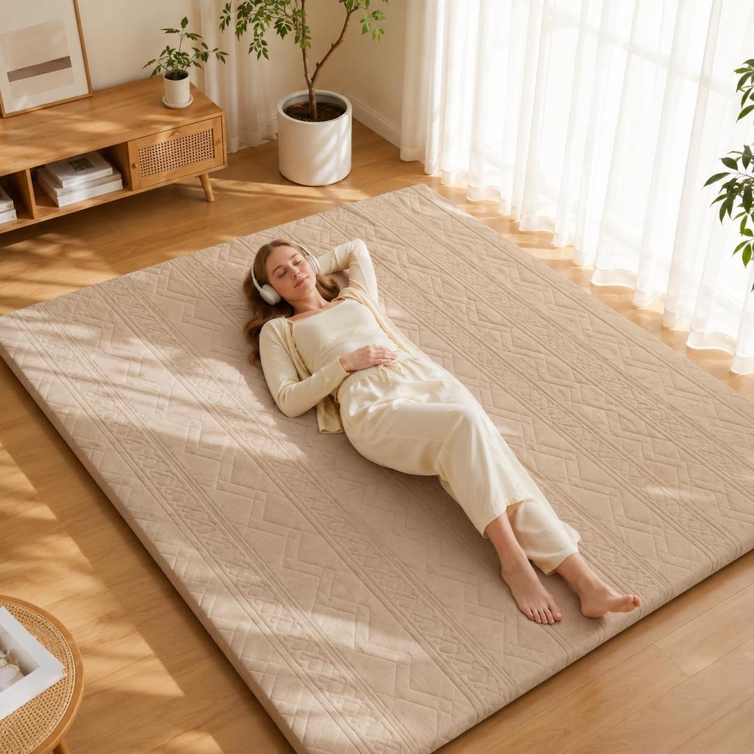 Mollydot Japanese Floor Mattress Futon Mattress Queen Size, 2.5" Thick Tatami Sleeping Mat, 100% Cotton Washable Cover, Foldable Roll Up Portable Floor Bed for Guest Room Dormitory, Coffee