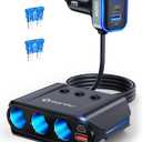 7 in 1 Cigarette Lighter Splitter, SONRU 180W (max 192W) 3-Socket Car Cigarette Lighter Adapter with Dual PD 36W/QC3.0 Fast Charging (3.7FT Cable) 12V/24V Independent Switches & LED Voltage Display (BLACK)