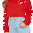 Women's Valentine's Day Cute Long Sleeve Tops Love Script Graphic Cropped Sweatshirts Romantic Heart Sleeve Pullover S (Red, S)