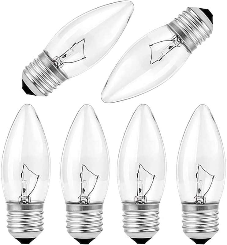 Incandescent Torpedo Tip Chandelier Bulbs - 25W Equivalent Dimmable Candle Bulbs, Warm White 2700K, E26 Medium Base, 120V, Vintage Filament Style, 6-Pack