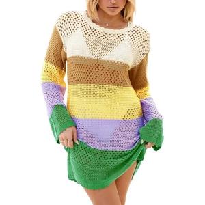 Langwyqu Women's Summer Crochet Swimsuit Coverup Long Sleeve Crewneck Color Block Bathing Suit Swimwear Cover Ups Beach Dress (X-Large, Pink)