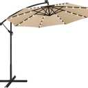 Yaheetech 10FT Solar Offset Umbrella with 32 LED Lights Cantilever Hanging Outdoor Umbrellas Handy Crank & Cross Base for Lawn/Deck/Backyard/Pool Tan