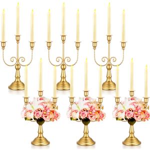 Hushee 6 Pcs Gold Candelabra Candle Stand Metal Candlestick Holder 3 Arm 12 Wedding Candlestick Holder for Theme Party Table Centerpieces Wedding Holiday Birthday Party