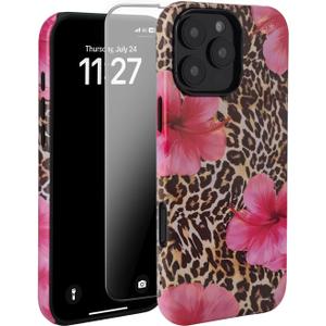 Compatible with iPhone 17 Pro Max Case, Cute Leopard Pink Hibiscus Tropical Floral Pattern Phone Case with HD Screen Protector