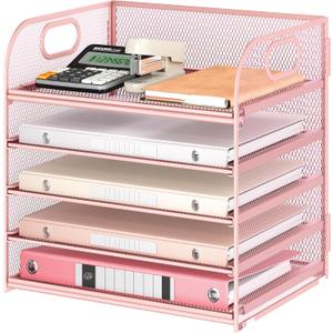 5 Tray Paper Organizer Letter Tray with Handle - Mesh Desk File Organizer, Paper Sorter Organizer for Office, Home or School File Folder Holder - Pink 5 Tray Paper Organizer Letter Tray with Handle - Mesh Desk File Organizer, Paper Sorter Organizer for Office, Home or School File Folder Holder - Pink