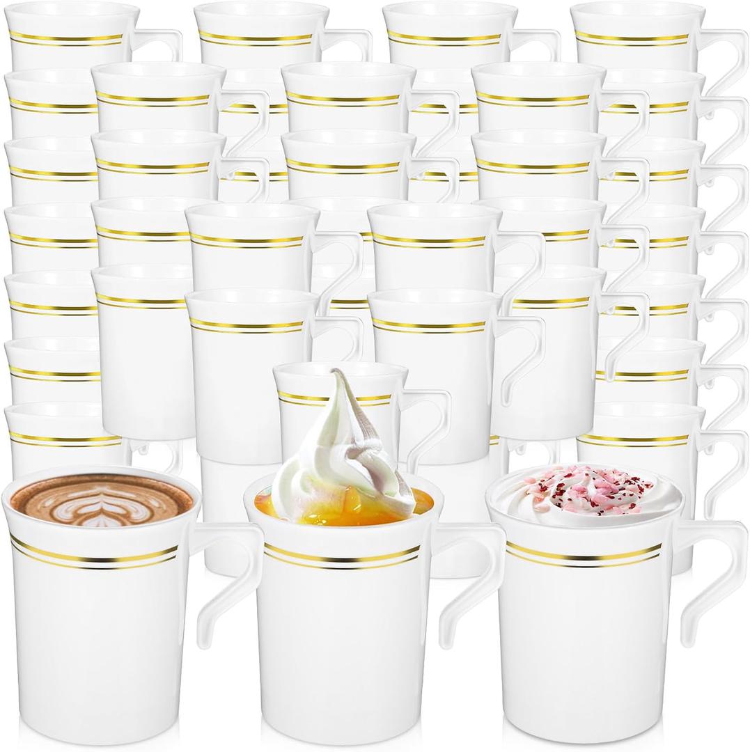 48 Pcs Plastic Coffee Cups with Rim, 8 oz Disposable Coffee Mugs with Handle Disposable Tea Cups Espresso Beverage Plastic Mugs for Wedding (White, Gold)