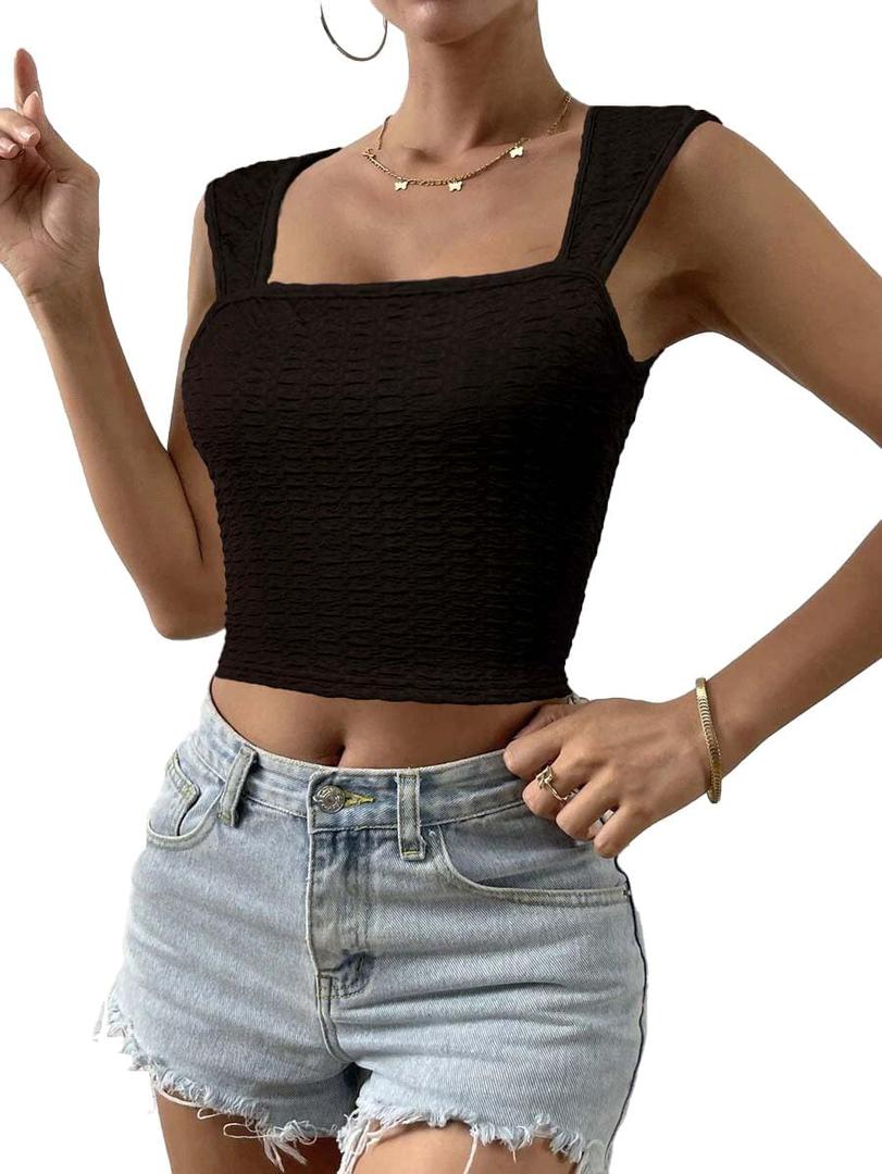 SKYAS Womens Cute Square Neck Ruched Going Out Crop Y2K Tank Tops Basic Trendy Summer Fitted Top (Small Petite, Black)
